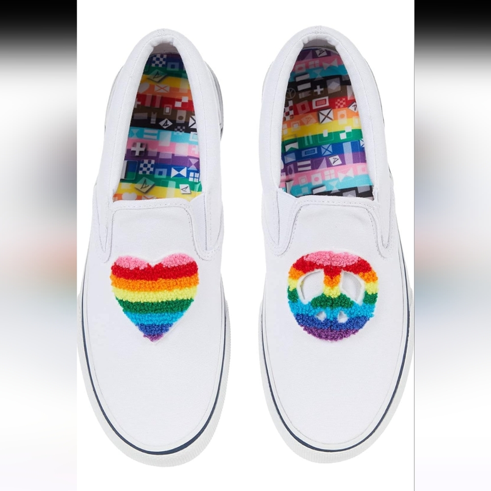 🆕Sperry White Slip-On Shoes with Rainbow Heart and Peace Design Mens Size 11